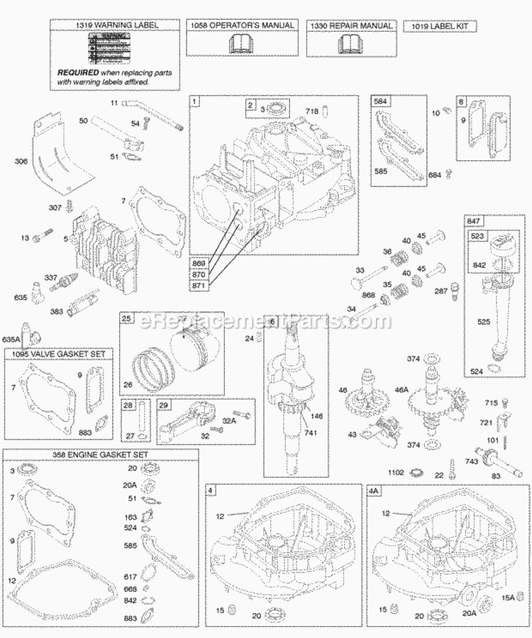 Cams Crankshaft Cylinder Engine Sump KitGaskets Lubrication Piston Group Valves Diagram and Parts List for 12X812-0121-B1  Briggs and Stratton Engine